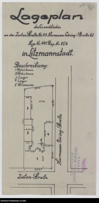 Obraz 1 z jednostki "Lageplan des Grundstückes an der Lieten Straße Nr 43, Hermann Göring Straße 42, Hyp. Nr 441 Rep. Nr 856 in Litzmannstadt"