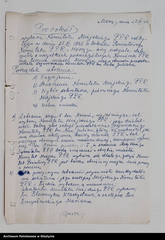 image.from.unit.number "Komitet Miejski Polskiej Parii Robotniczej w Mrągowie: protokoły z posiedzeń, zebrań aktywu miejskiego, sprawozdania. Protokoły z zebrań Kół miejskich PPR miasta Mrągowa: Państwowa Centrala Handlowa, KP PPR Milicji Obywatelskiej, "Odbudowa", Odlewnia Warsztatów Mechanicznych, Państwowa Fabryka Wyrobów Drzewnych, Powiatowy Urząd Bezpieczeństwa Publicznego, Samopomoc Chłopska"