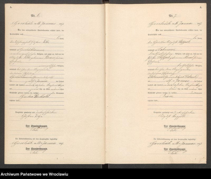 Obraz 6 z jednostki "księga urodzeń Urzędu Stanu Cywilnego w Goszczu (Goschütz) 1897"
