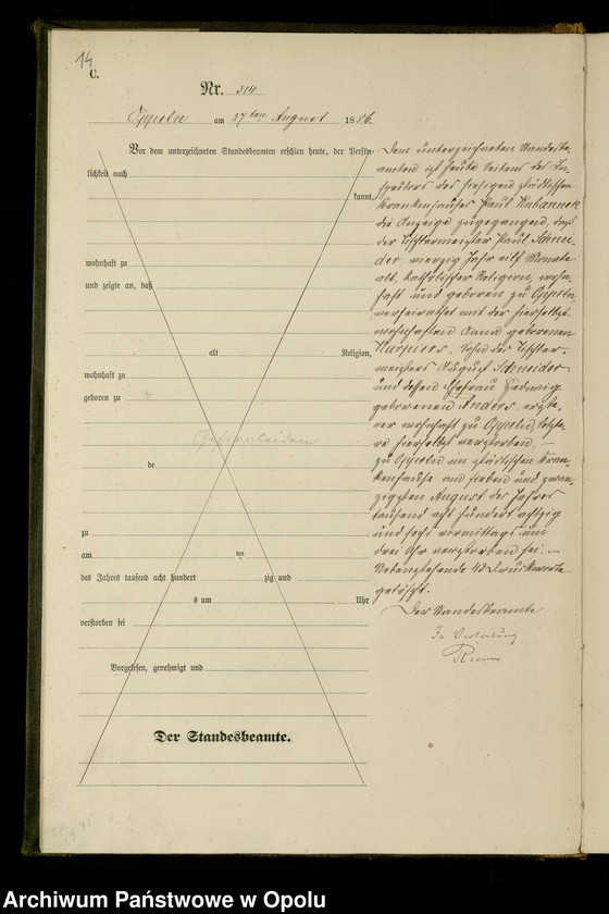 Obraz 17 z jednostki "Urząd Stanu Cywilnego w Opolu 1886 Rejestr zgonów Księga Miejscowa Nr 301 do 460"