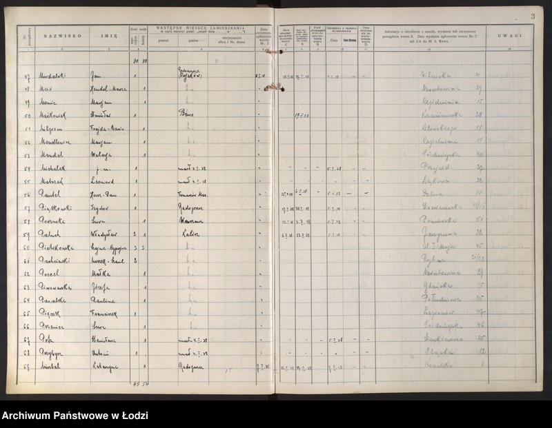 Obraz 7 z jednostki "Księga kontroli ruchu ludności (rejestr osób opuszczających gminę) Łódź, zespół V, lit. M, P"