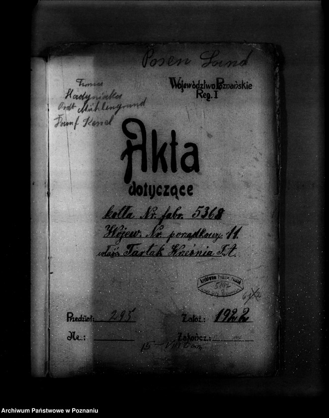 Obraz 4 z jednostki "1/ Tartak parowy we Wrześni- Towarzystwo Akcyjne Nr porządkowy kotła 11 /Młyn J. Hadyniaka w Tomicach powiat poznański"