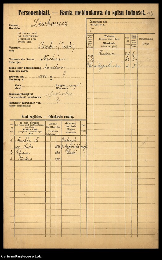 Obraz 15 z jednostki "[Spis ludności Łodzi] Lewkowicz"