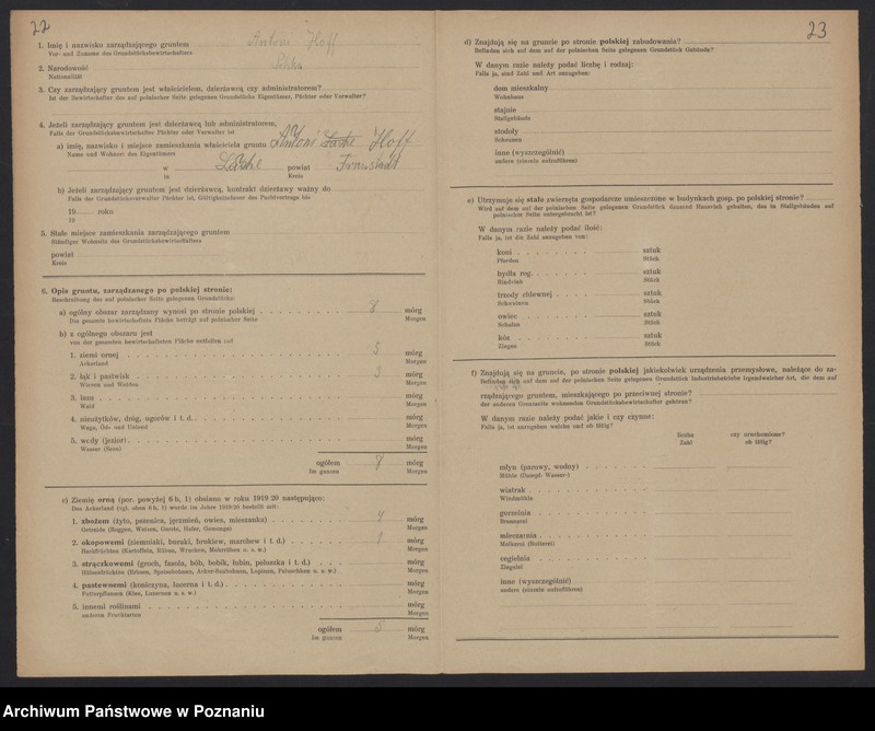 Obraz 19 z jednostki "[Kwestionariusze dotyczące stwierdzenia gruntów znajdujących się po polskiej stronie pogranicza a zarządzanych przez zamieszkałych po stronie niemieckiej] powiat leszczyński"
