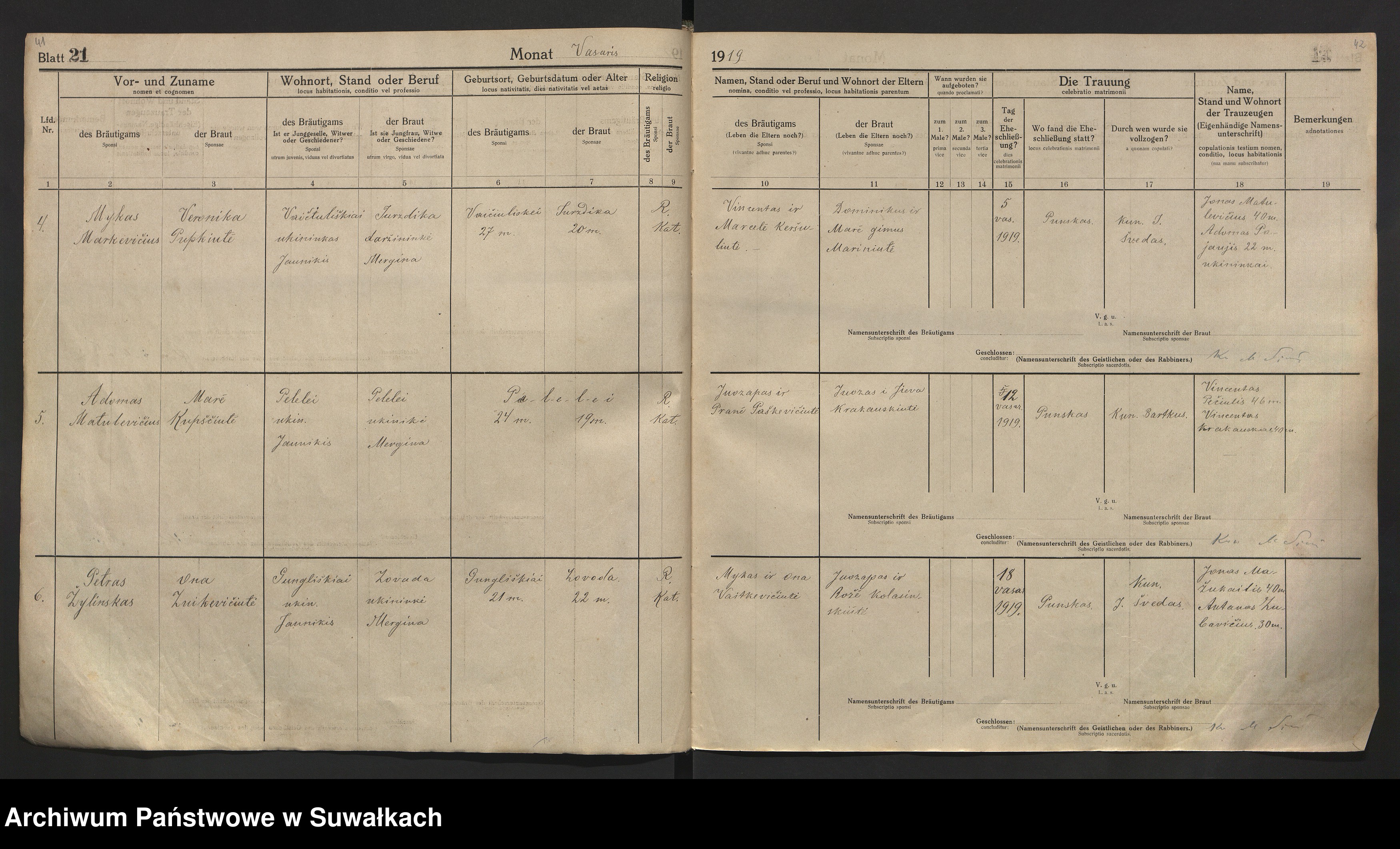 Skan z jednostki: [Księga akt małżeństw parafii rzymskokatolickiej w Puńsku z lat 1918-1921]