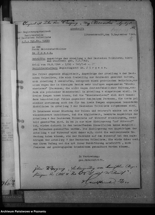 Obraz 20 z jednostki "Anwendung der Polenstrafrechts - Verordnung. Einbürgerung der Angehörigen der Abteilung IV der Deutschen Volksliste auf Widerruf. Anerkennung als privilegierte Schutzangehörige."