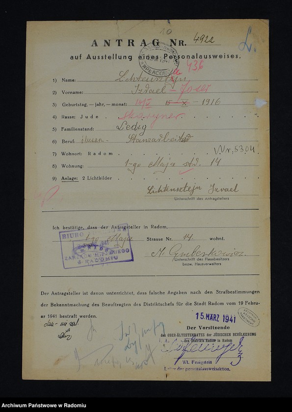 Obraz 14 z jednostki "[Wnioski o wydanie dowodów osobistych oraz nie odebrane dowody Lichtensztajn - Lipszyc]"