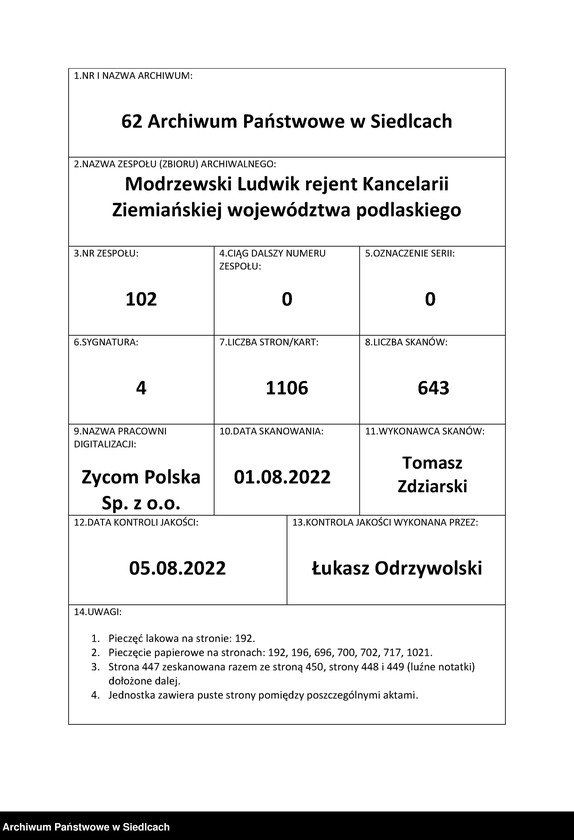 Obraz 1 z jednostki "[Akta notarialne notariusza Modrzewskiego Ludwika rok 1825 od nr 1 do nr 239]"