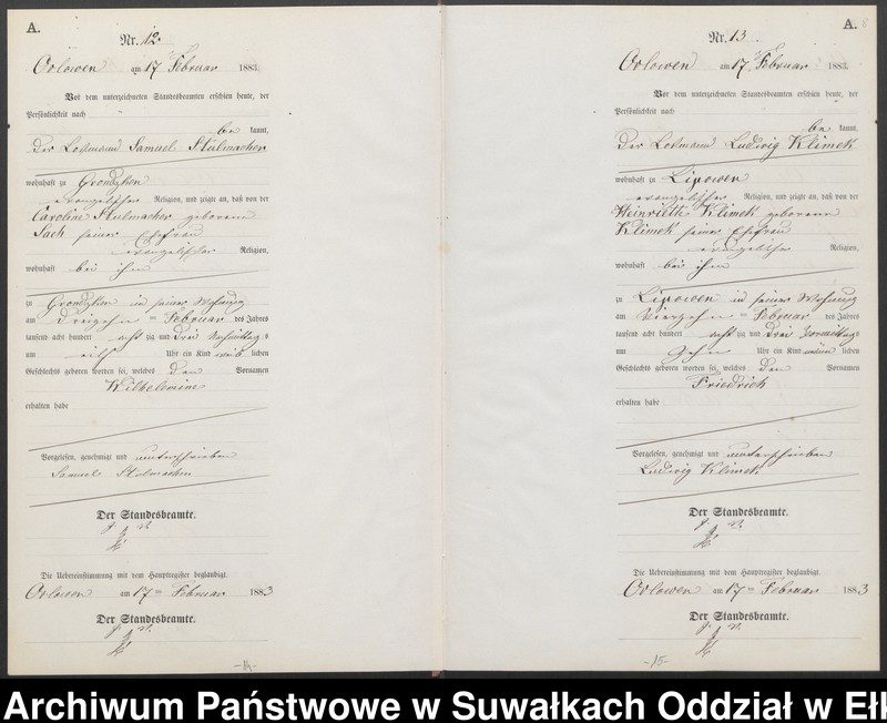 Obraz 11 z jednostki "Geburts-Neben-Register des Preussischen Standes-Amtes Orlowen Kreis Loetzen für das Jahr 1883"