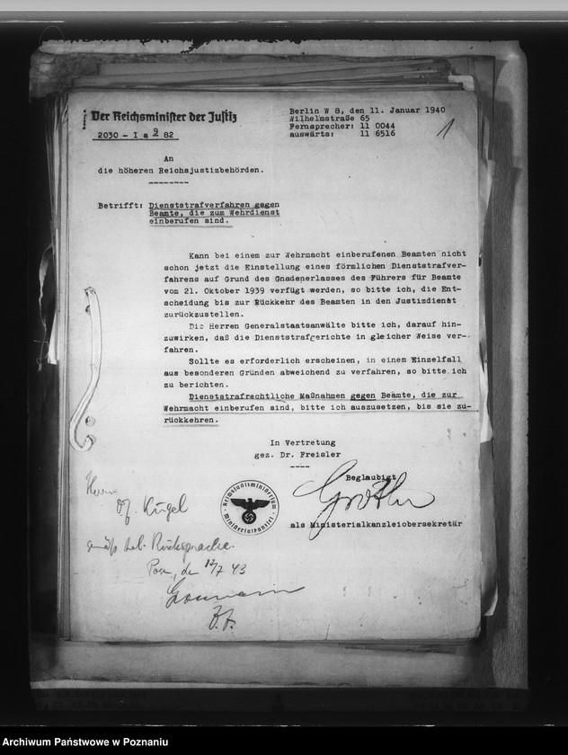 Obraz 5 z jednostki "Zarządzenia i korespondencja w sprawie organizacji Dienstarafkammer Posen"