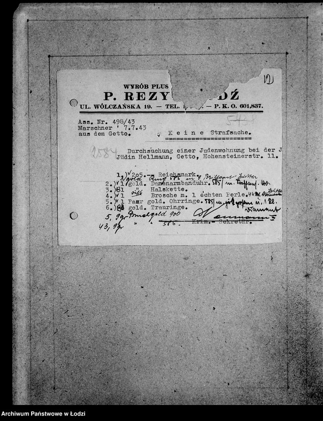 Obraz 16 z jednostki "Kripo.Unterlagen 2400-2600 [Dokumenty konfiskaty majątku ruchomego u Żydów]"