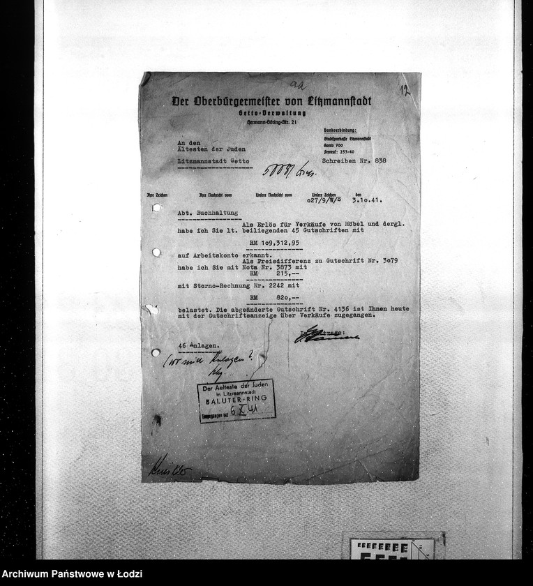 Obraz 15 z jednostki "Sonderkonto [Korespondencja PSŻ z GV w sprawach buchalteryjnych: uznanie konta za przekazane Niemcom mienie żydowskie i dostarczoną siłę roboczą w zamian świadczeń ze strony GV]"