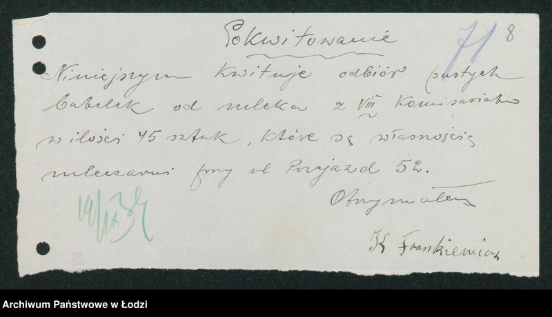 Obraz 10 z jednostki "[Akta VIII Komisariatu Milicji Obywatelskiej - różne zaświadczenia, wezwania, pokwitowania i przepustki]"