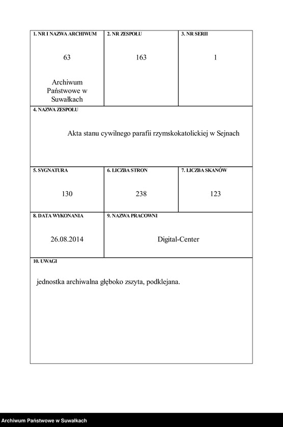image.from.unit.number "[Księga akt urodzeń, małżeństw i zgonów wyznania rzymskokatolickiego parafii w Sejnach]"
