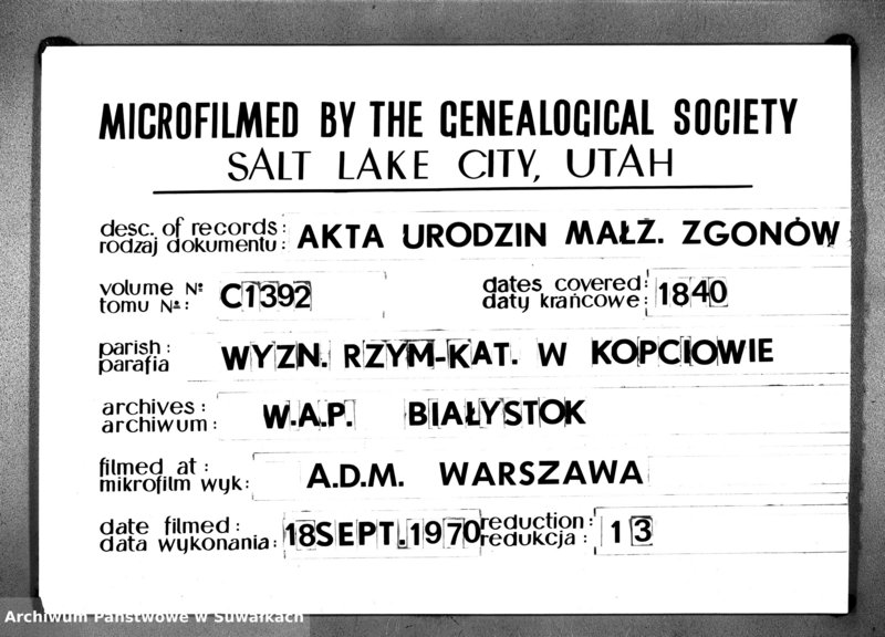 image.from.unit.number "Duplikat Aktów Urodzonych, Zaślubionych i Zeszłych Urzędnika Stanu Cywilnego Rzymsko-Katolickiego Kościoła Obrzędu Łacińskiego Parafii Kopciowskiey z Roku 1840"
