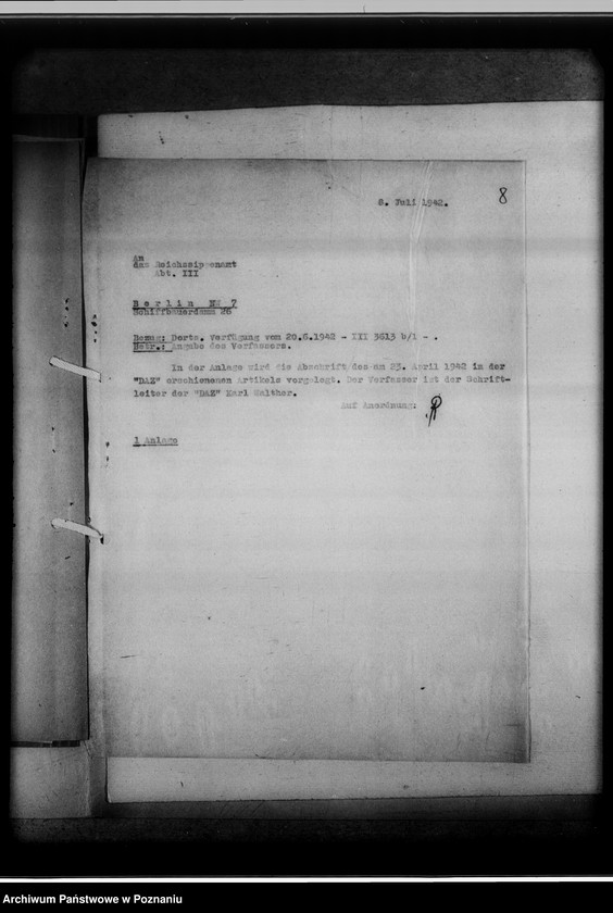 Obraz 12 z jednostki "Pressenotizen über das GSA [Korespondencja i wycinki prasowe o działalności, zadaniach i celach Gausippenamt w Poznaniu]"