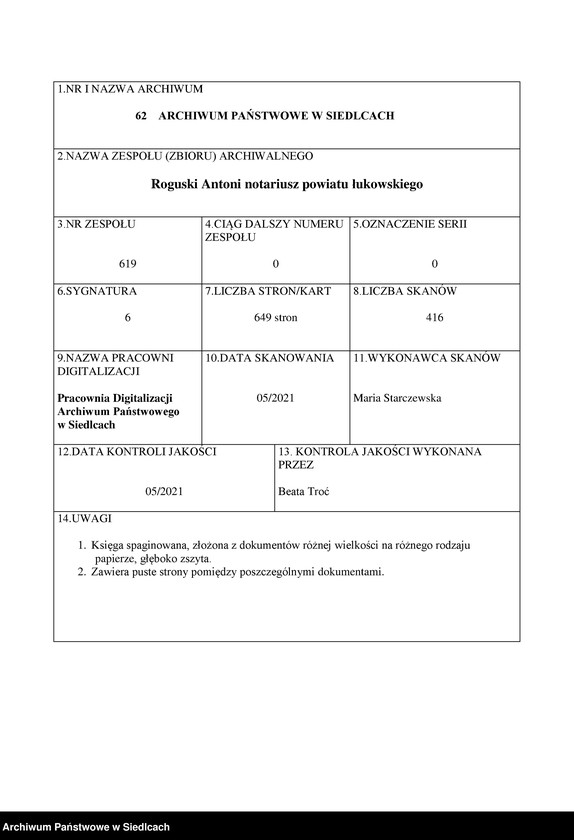 Obraz 1 z jednostki "Akta dobrej woli przez Antoniego Roguskiego Rejenta Powiatu Łukowskiego przyjęte w roku 1837 [akta notarialne od nr 1 do nr 211]"