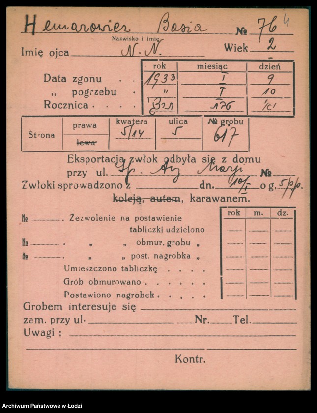 Obraz 5 z jednostki "Kartoteka osób pochowanych na cmentarzu żydowskim przy ulicy Brackiej w latach 1892-1955. Nazwiska na litery: Helmi-Hey"