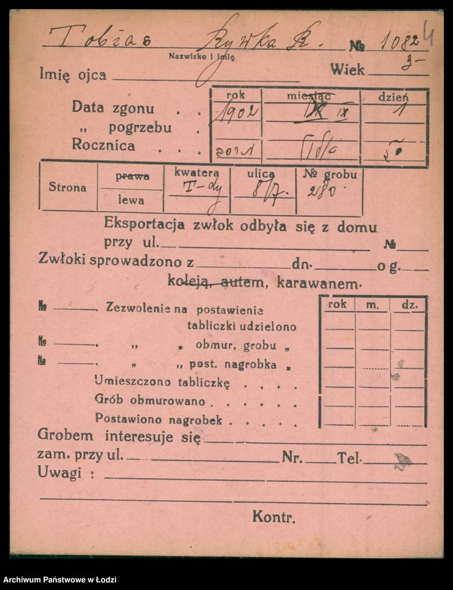Obraz 5 z jednostki "Kartoteka osób pochowanych na cmentarzu żydowskim przy ulicy Brackiej w latach 1892-1957. Nazwiska na litery: To-Ty"