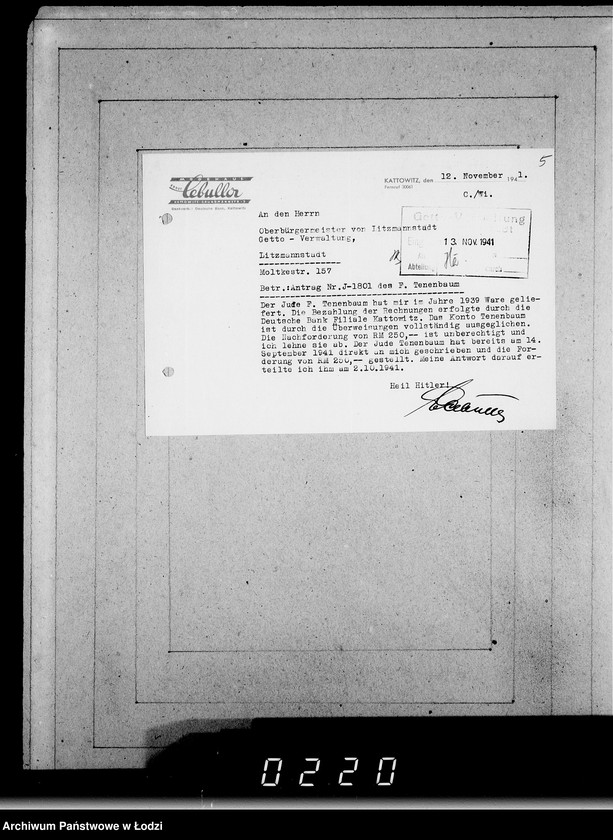 Obraz 9 z jednostki "J 1801-1820 [Wnioski Żydów z Getta o zwrot należności za towar wzięty na kredyt]"