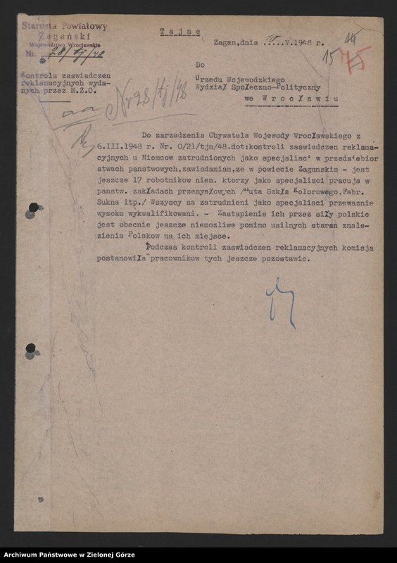 Obraz 17 z jednostki "Sprawy ludności niemieckiej - wysiedlanie Niemców - pisma , okólniki ."