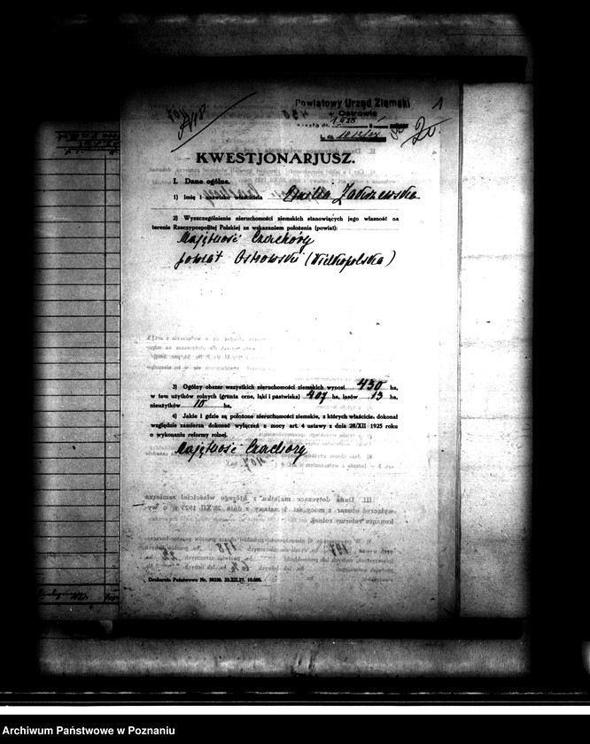 Obraz 5 z jednostki "Majątek Czachory powiatu ostrowskiego wyłączenie z art. 4 i 5 ustawy o wykonaniu reformy rolnej -Emilia Zakrzewska"