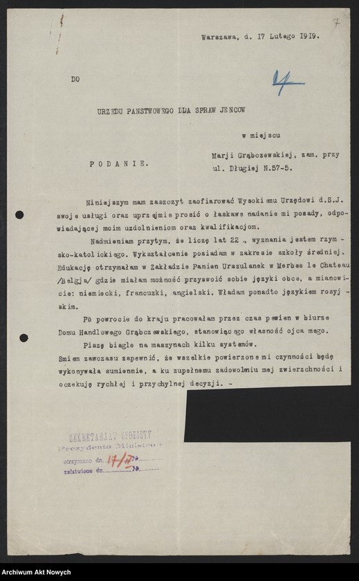 Obraz 9 z jednostki "Teczka Osobistego Sekretariatu Prezydenta Ministrów (sprawy personalne i administracyjne. Korespondencja, podania)"