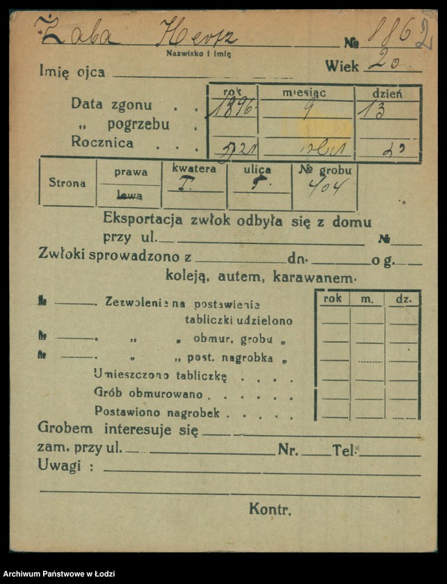 Obraz 3 z jednostki "Kartoteka osób pochowanych na cmentarzu żydowskim przy ulicy Brackiej w latach 1892-1956. Nazwiska na literę Ż"