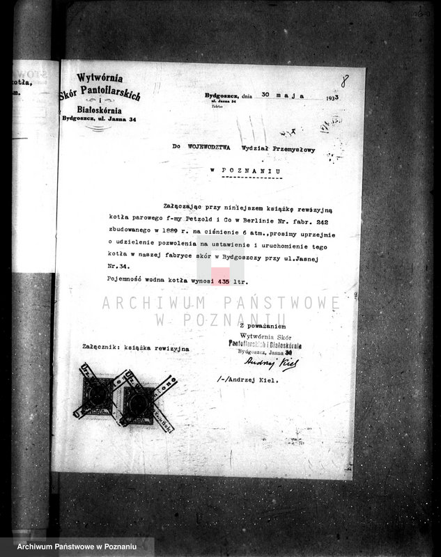 Obraz 14 z jednostki "Wytwórnia skór pantoflarskich i białoskórnia w Bydgoszczy - nr woj. kotła 714"