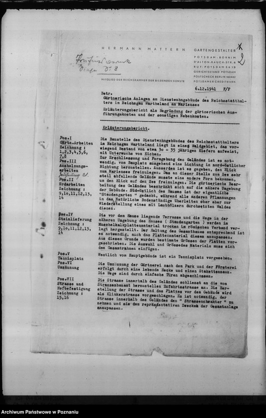 Obraz 6 z jednostki "Kostenanschlag zum Dienstwohngebäude des Reichsstatthalters des Warthegaues - nad jeziorem Góreckim"