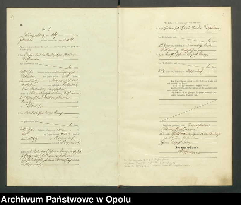 Obraz z jednostki "Heirats-Register (Haupt-Register) Standesamt Winzenberg 1908 vol. 1 No. 1 bis 1912 No. 4."