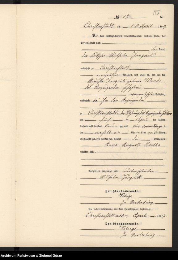 image.from.unit.number "Geburts-Neben-Register im Standes-Amt Christianstadt Kreis Sorau 1894"